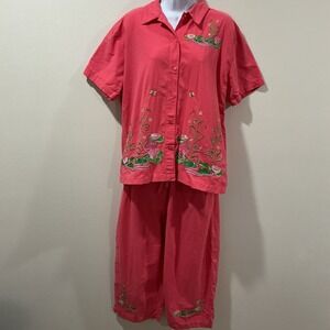 VTG 90's Fashion Classics Top & Capri Pant Set XL  Embroidered Pink & Green Frog